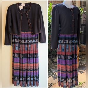 Women's Vintage Boho 2 Piece Dress Jacket Set Midi Purple Black Ikat Floral 80s